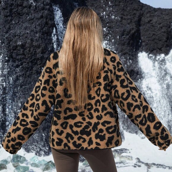 Casual Women's Street Style Random Leopard Fluffy Trim Short Jacket Coat - Picture 4 of 8